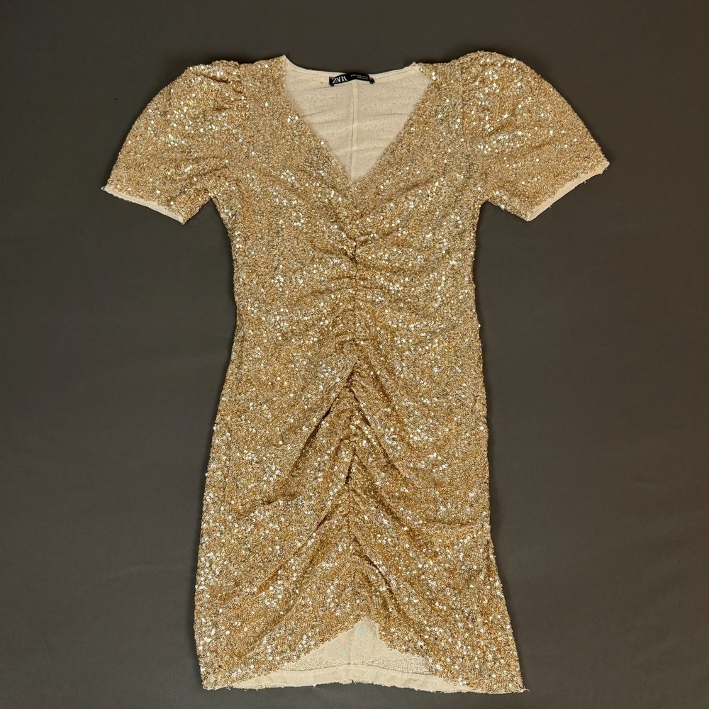 Zara Sequin Mini Dress Women Medium Gold V-Neck Puff Sleeve Party 3028/022